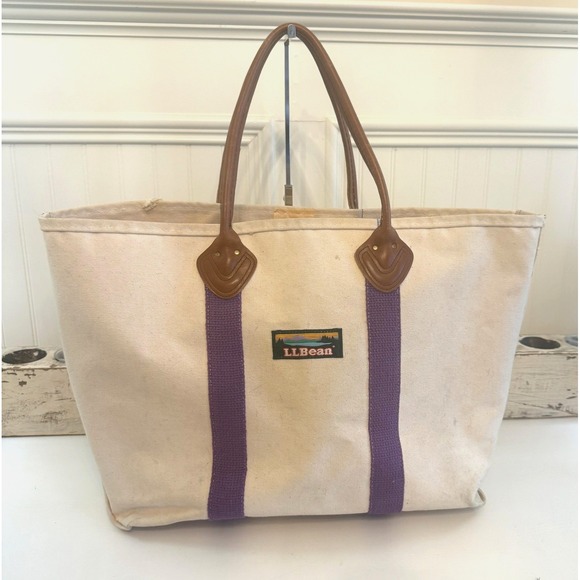 L.L. Bean Handbags - Vintage 80's LL Bean Factory Store Boat & Tote Leather Handle Bag Striped Purple